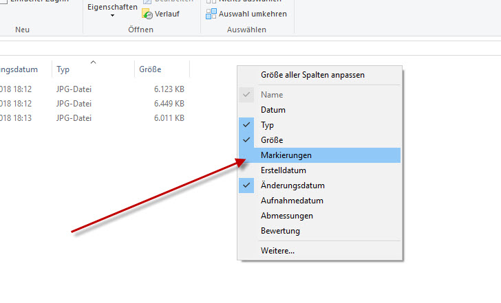 Markierungen im Windows Explorer anzeigen: Spalt Markierungen auswählen